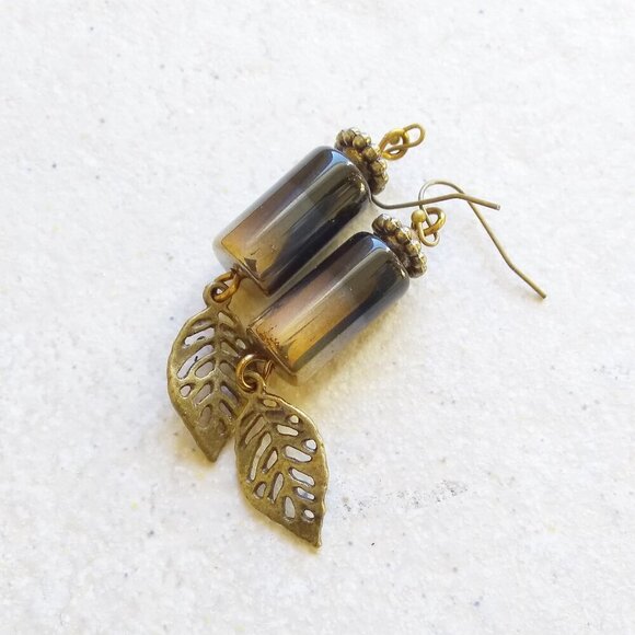 Ombre Black Gold Bronze! Graduated Color Leaf Dangle Earrings! Distinctive Flair - Picture 2 of 7
